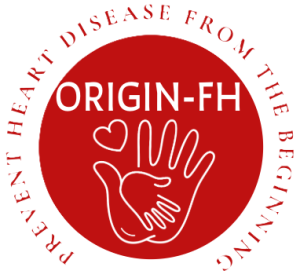 ORIGIN-FH Logo, red circle with adult and baby hand, heart, and ORIGIN-FH in it.