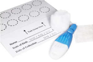 blood spot card, with gauze, lancet, and alcohol wipe.